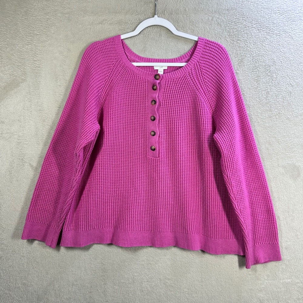 J. Jill Henley Sweater Womens Large Pink Chunky Waffle Knit Raglan Pullover
